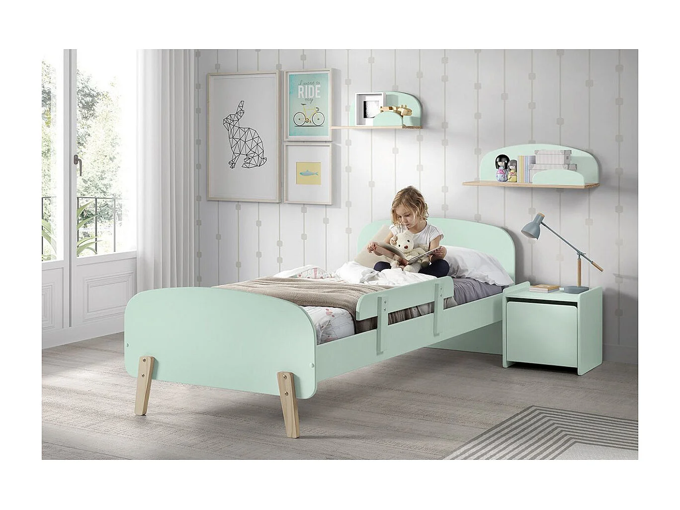 Pack - Lit Enfant, Chevet & Coffre "Kiddy" 90x200cm Vert Menthe