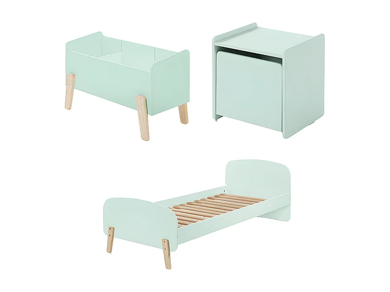 Pack - Lit Enfant, Chevet & Coffre "Kiddy" 90x200cm Vert Menthe