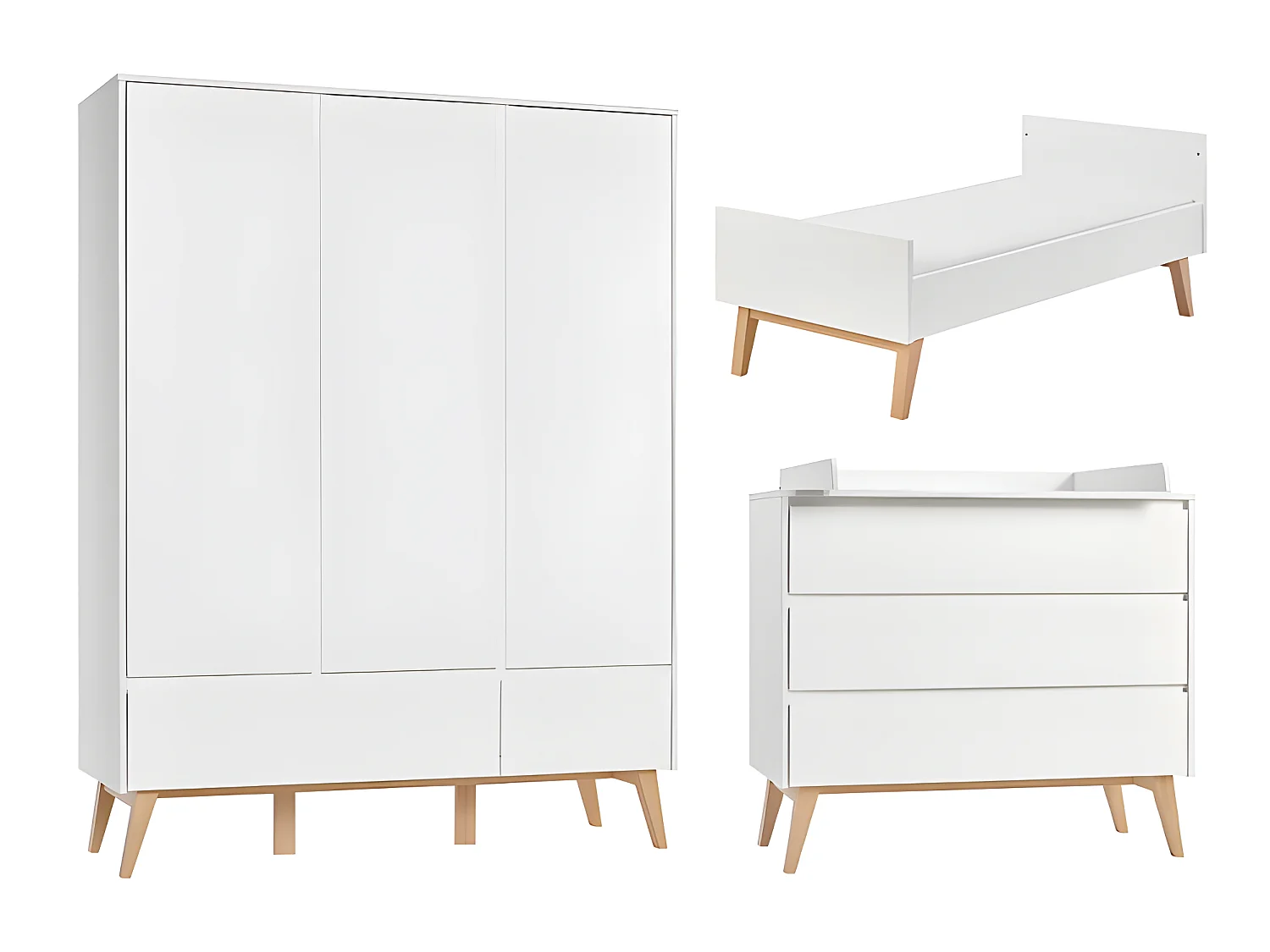 Chambre complète lit évolutif 70x140 commode à langer et armoire 3 portes Swing - Blanc et bois