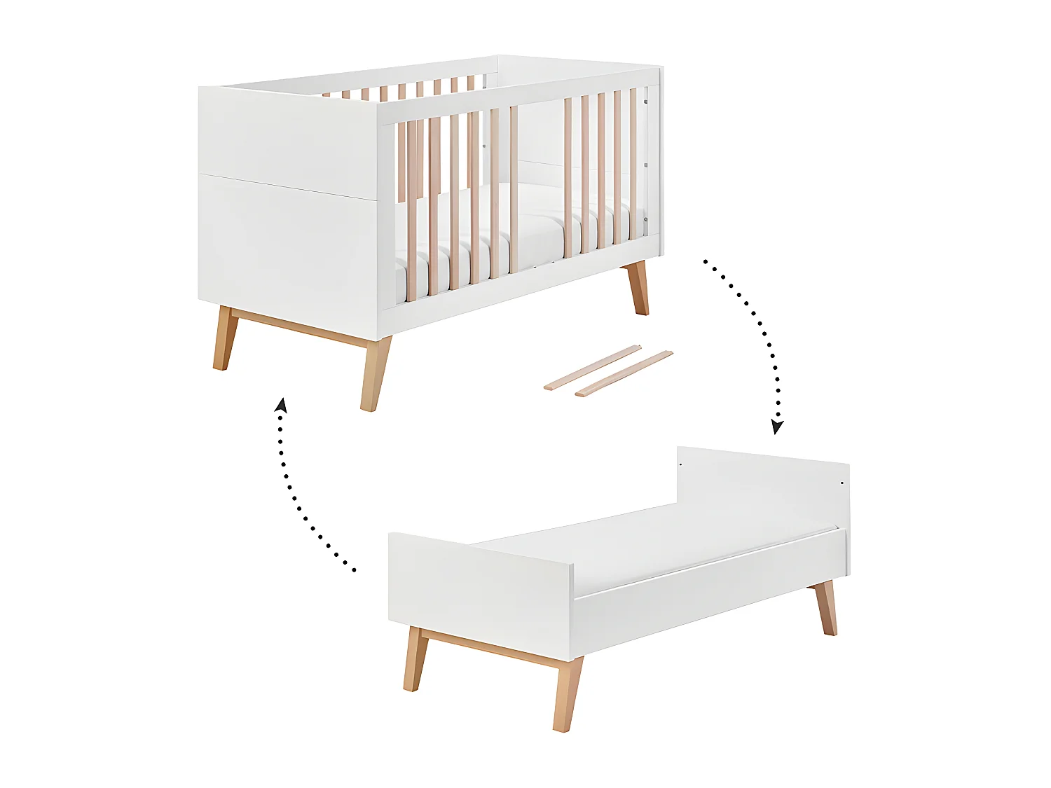 Chambre complète lit évolutif 70x140 commode à langer et armoire 3 portes Swing - Blanc et bois