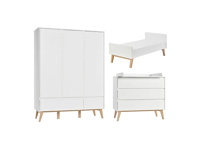 Chambre complète lit évolutif 70x140 commode à langer et armoire 3 portes Pinio Swing - Blanc et bois