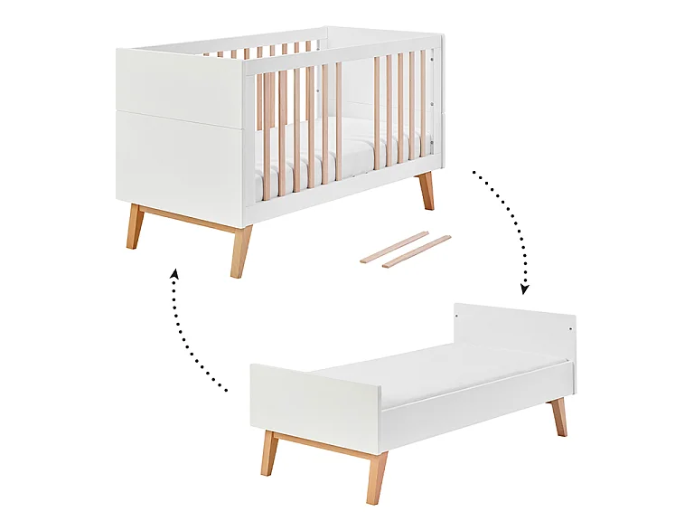 Chambre complète lit évolutif 70x140 commode à langer et armoire 3 portes Pinio Swing - Blanc et bois