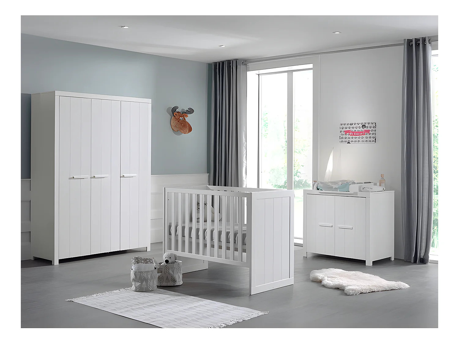 Pack - Lit Bébé 60x120cm, Commode & Armoire "Erik" Blanc