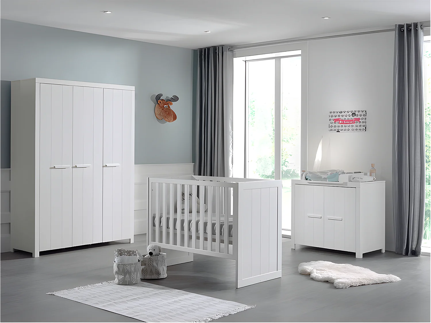 Pack - Lit Bébé 60x120cm, Commode & Armoire "Erik" Blanc