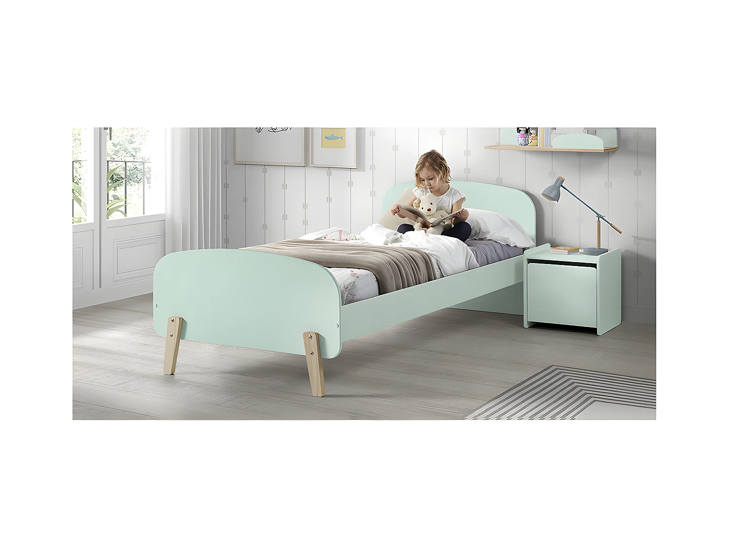 Pack - Lit Enfant & Chevet "Kiddy" 90x200cm Vert Menthe