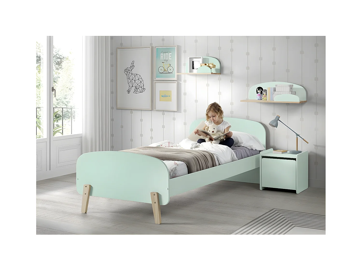 Pack - Lit Enfant & Chevet "Kiddy" 90x200cm Vert Menthe
