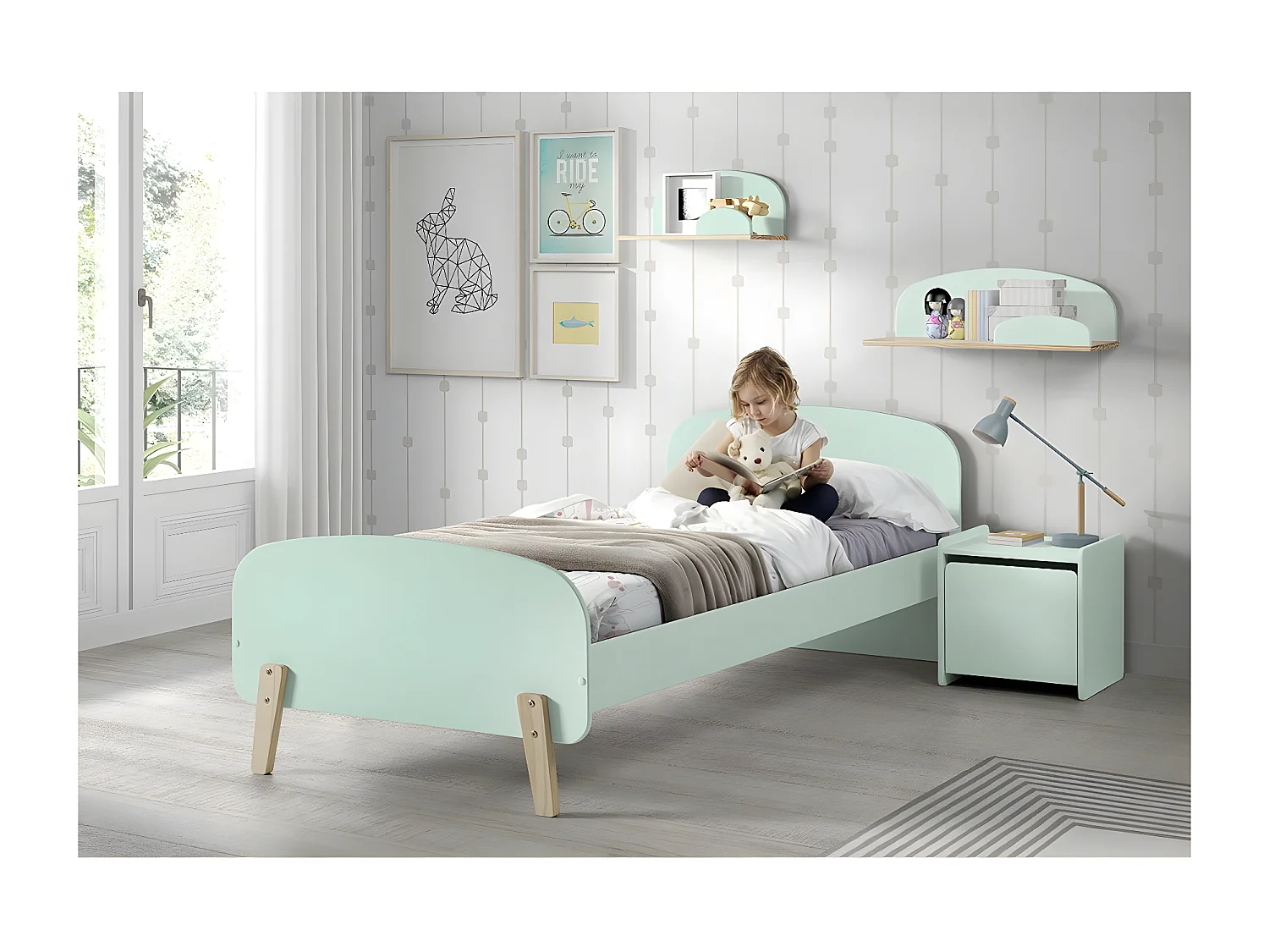 Pack - Lit Enfant & Chevet "Kiddy" 90x200cm Vert Menthe