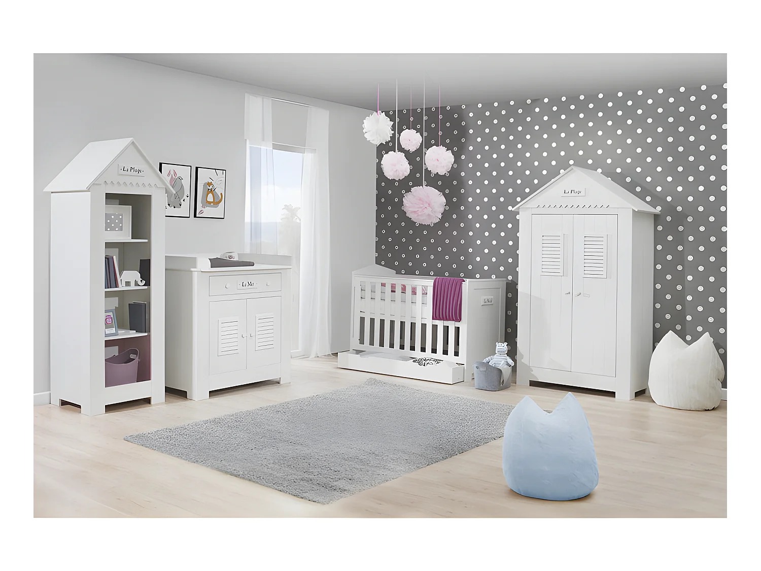 Chambre complète lit bébé évolutif - commode à langer - armoire Marsylia MDF Blanc