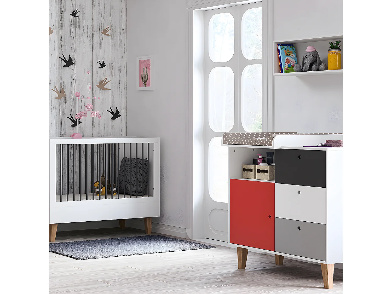 Lit bébé évolutif et Commode à langer Concept Rouge