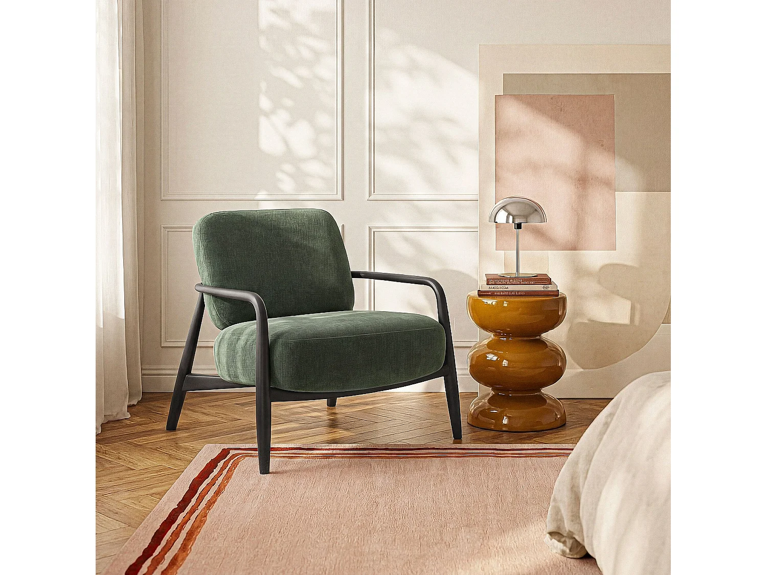 Habitat - Fauteuil en tissu et bois massif noir - Vert kaki - Velika
