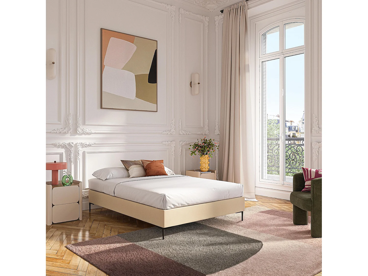 Sommier tapissier à lattes en tissu - 140 x 200 cm - Crème