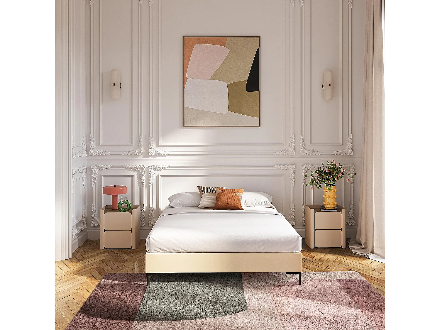 Sommier tapissier à lattes en tissu - 160 x 200 cm - Crème