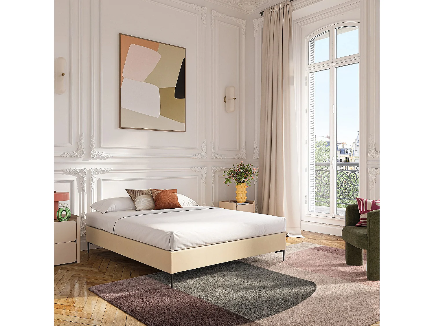 Sommier tapissier à lattes en tissu - 160 x 200 cm - Crème