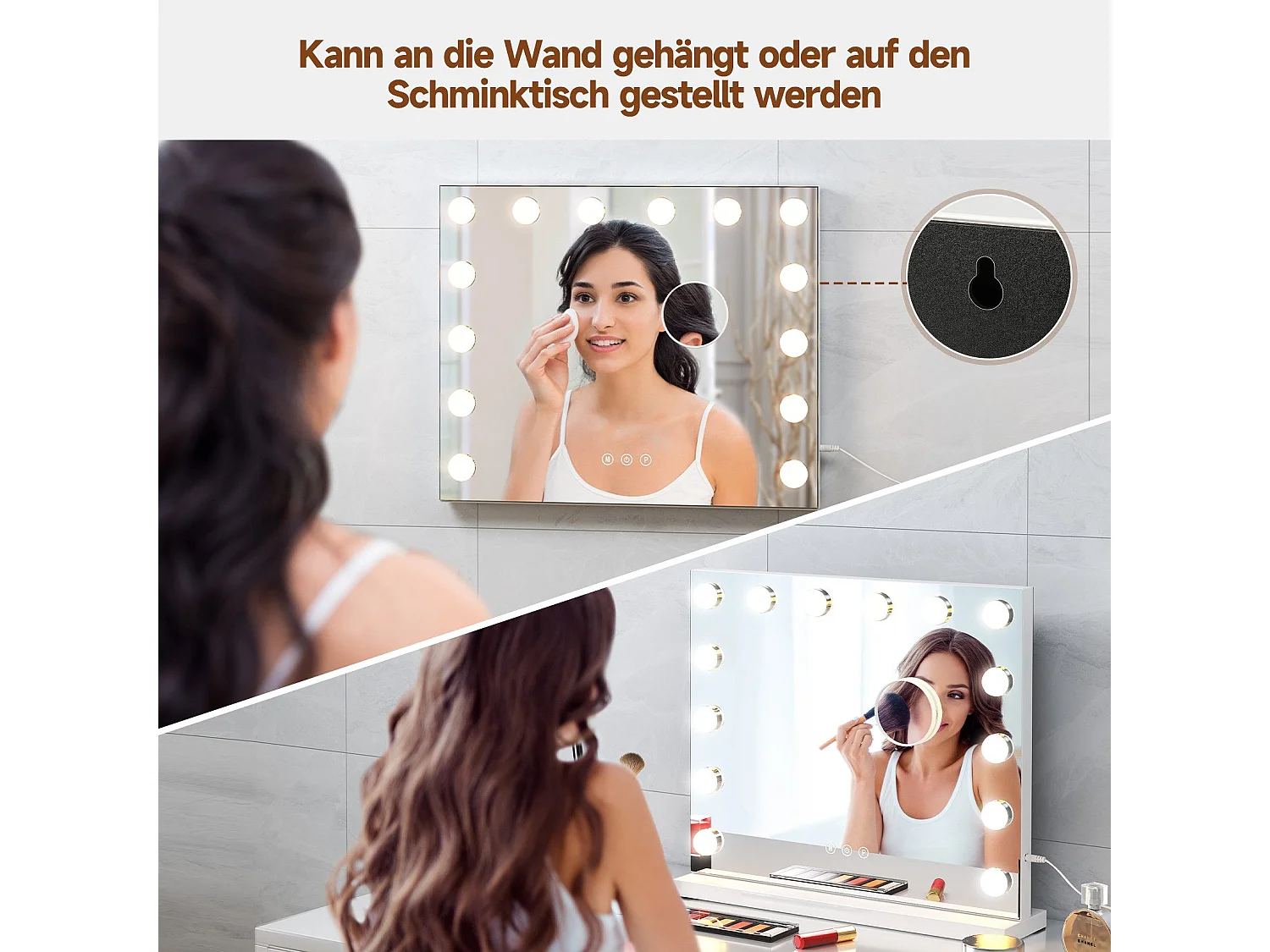 Hollywood 3-Kleuren Schminkspiegel, Cosmetische Spiegel met 14 LEDs, 3000-6000K, met een verwijderbare 10x Vergrotingsspiegel