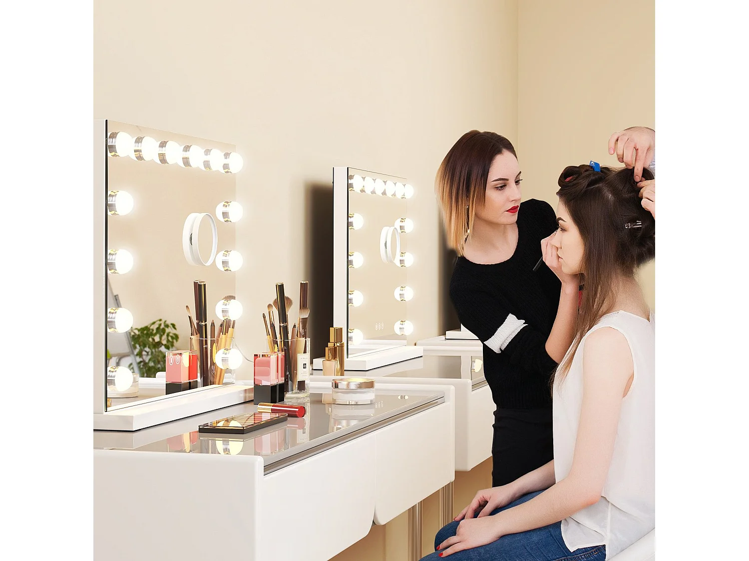 Hollywood 3-Kleuren Schminkspiegel, Cosmetische Spiegel met 14 LEDs, 3000-6000K, met een verwijderbare 10x Vergrotingsspiegel