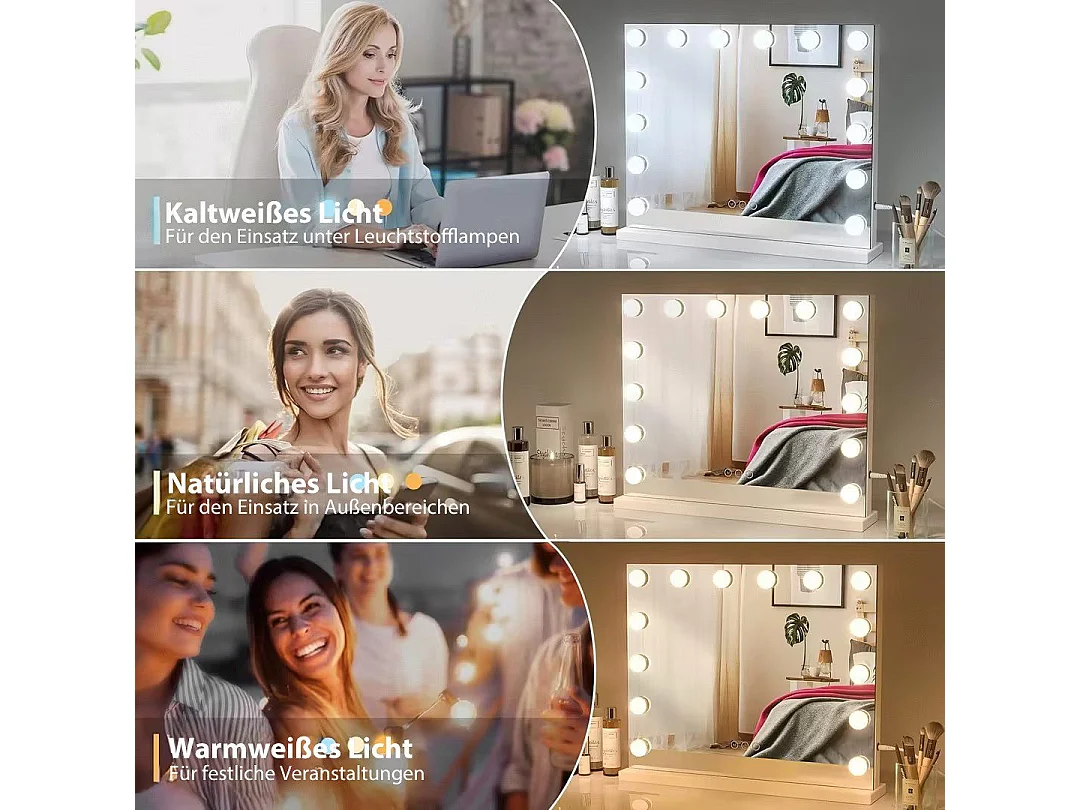 Hollywood 3-Kleuren Schminkspiegel, Cosmetische Spiegel met 14 LEDs, 3000-6000K, met een verwijderbare 10x Vergrotingsspiegel