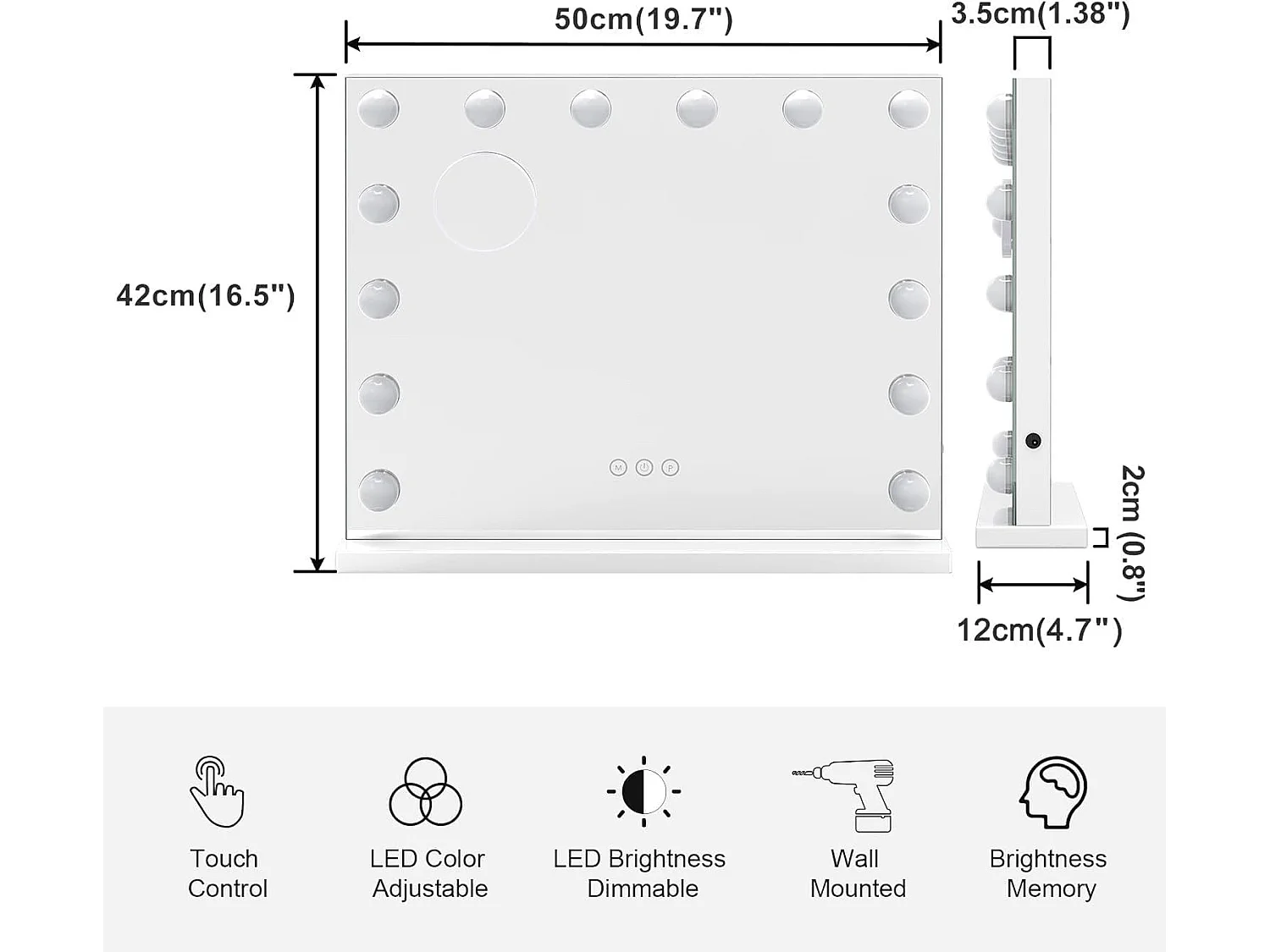 Hollywood 3-Kleuren Schminkspiegel, Cosmetische Spiegel met 14 LEDs, 3000-6000K, met een verwijderbare 10x Vergrotingsspiegel