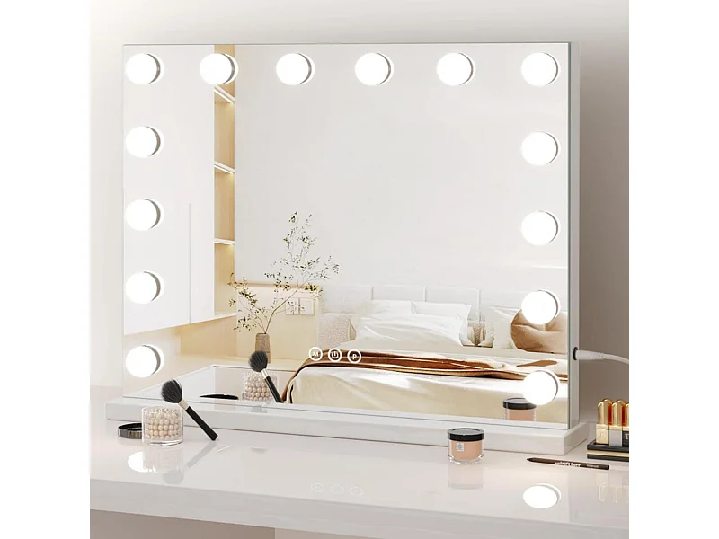 Hollywood 3-Kleuren Schminkspiegel, Cosmetische Spiegel met 14 LEDs, 3000-6000K, met een verwijderbare 10x Vergrotingsspiegel