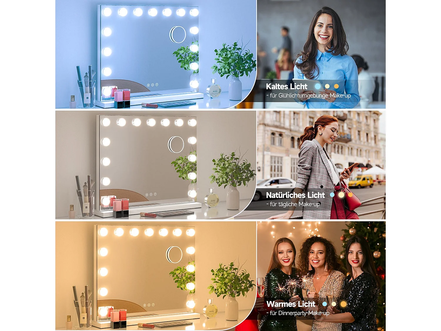 Hollywood 3-Kleuren Schminkspiegel, Cosmetische Spiegel met 15 LEDs, 3000-6000K, met een verwijderbare 10x Vergrotingsspiegel