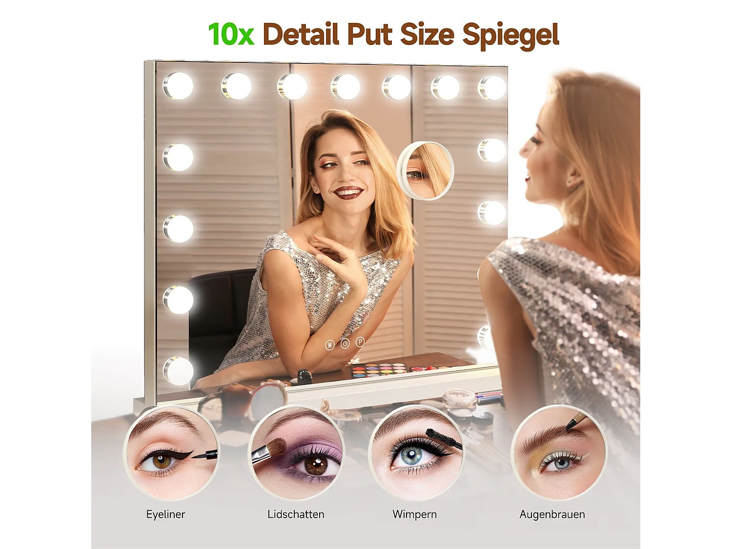 Hollywood 3-Kleuren Schminkspiegel, Cosmetische Spiegel met 15 LEDs, 3000-6000K, met een verwijderbare 10x Vergrotingsspiegel