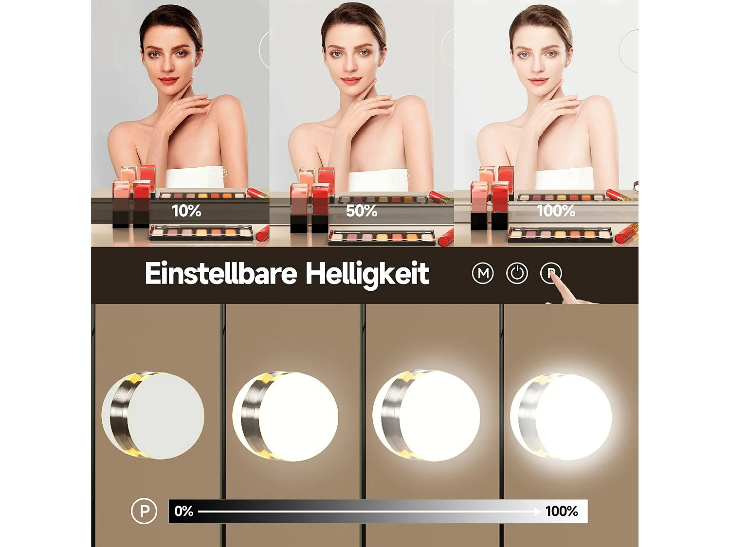 Hollywood 3-Kleuren Schminkspiegel, Cosmetische Spiegel met 15 LEDs, 3000-6000K, met een verwijderbare 10x Vergrotingsspiegel