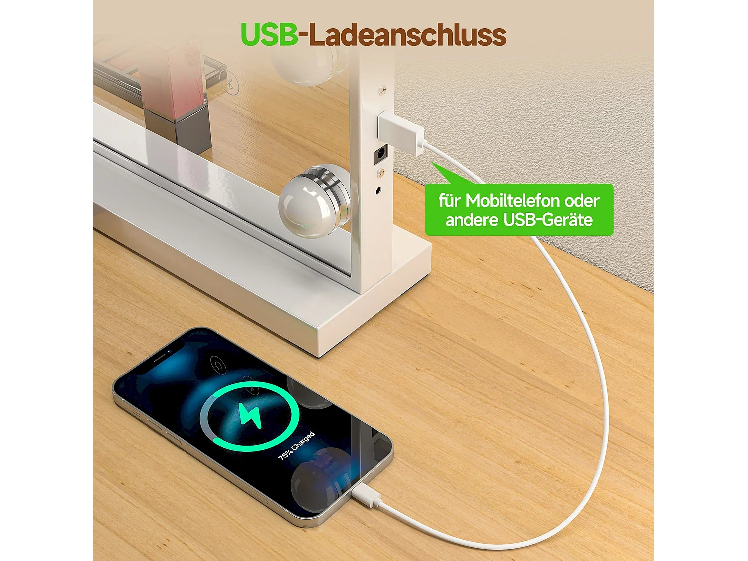 Hollywood 3-Kleuren Schminkspiegel, Cosmetische Spiegel met 15 LEDs, 3000-6000K, met een verwijderbare 10x Vergrotingsspiegel