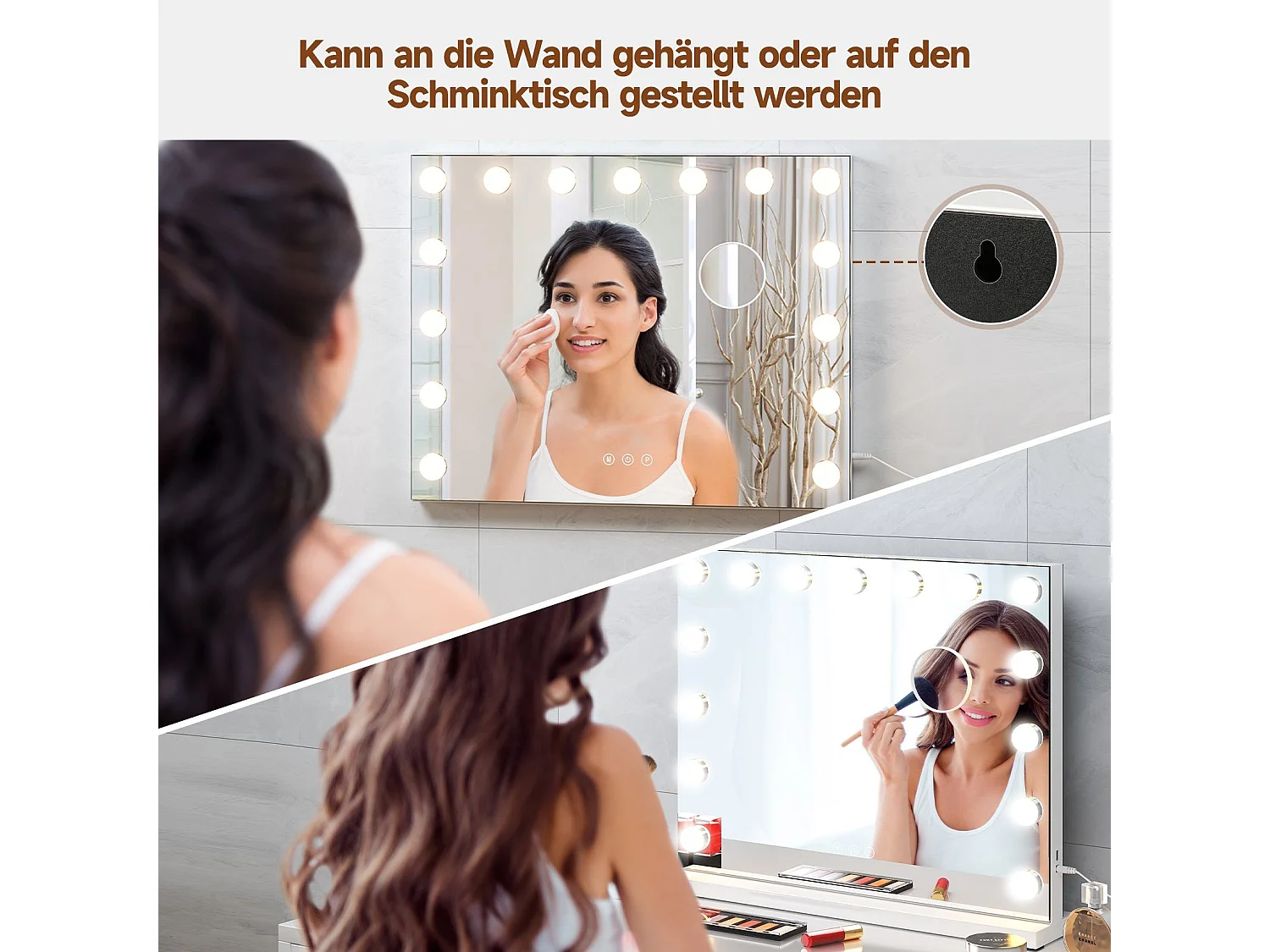 Hollywood 3-Kleuren Schminkspiegel, Cosmetische Spiegel met 15 LEDs, 3000-6000K, met een verwijderbare 10x Vergrotingsspiegel