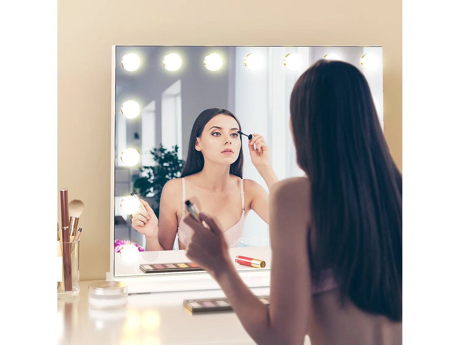 Hollywood 3-Kleuren Schminkspiegel, Cosmetische Spiegel met 15 LEDs, 3000-6000K, met een verwijderbare 10x Vergrotingsspiegel