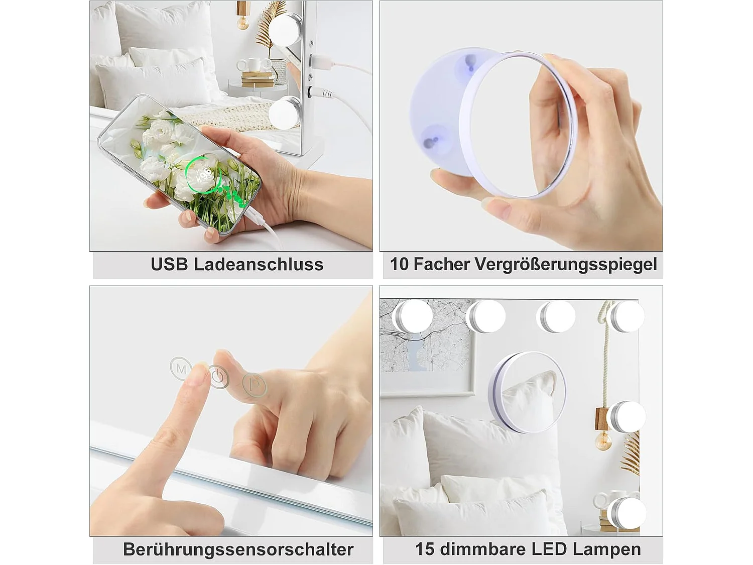 Hollywood 3-Kleuren Schminkspiegel, Cosmetische Spiegel met 15 LEDs, 3000-6000K, met een verwijderbare 10x Vergrotingsspiegel