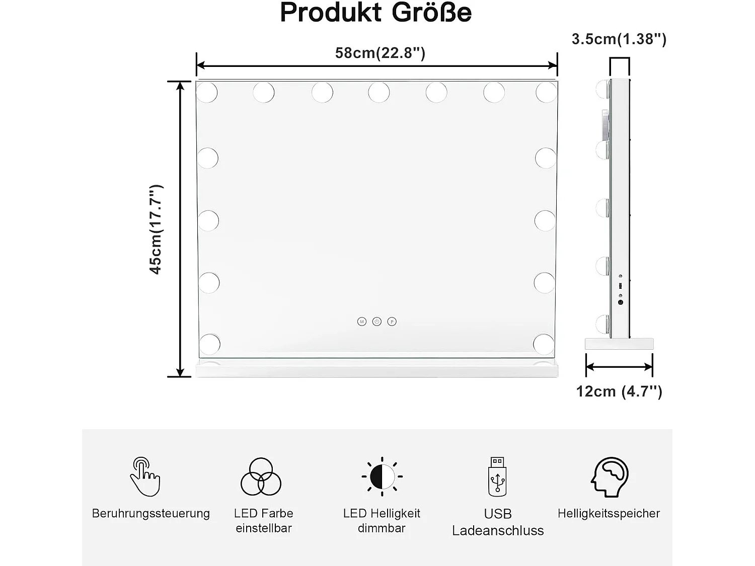Hollywood 3-Kleuren Schminkspiegel, Cosmetische Spiegel met 15 LEDs, 3000-6000K, met een verwijderbare 10x Vergrotingsspiegel