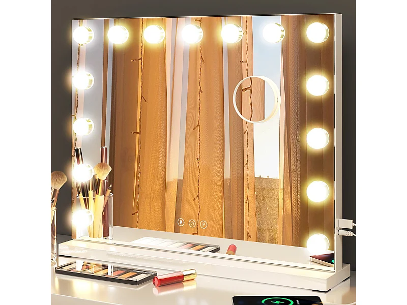 Hollywood 3-Kleuren Schminkspiegel, Cosmetische Spiegel met 15 LEDs, 3000-6000K, met een verwijderbare 10x Vergrotingsspiegel