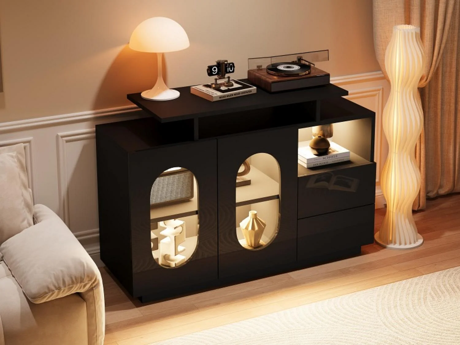 Buffet à LED Moderne - 120x40x80 cm - Noir Brillant avec Portes en Verre - Éclairage Intégré - Rangement Modulable - Multifonction (Salon, Salle à Manger, Entrée)