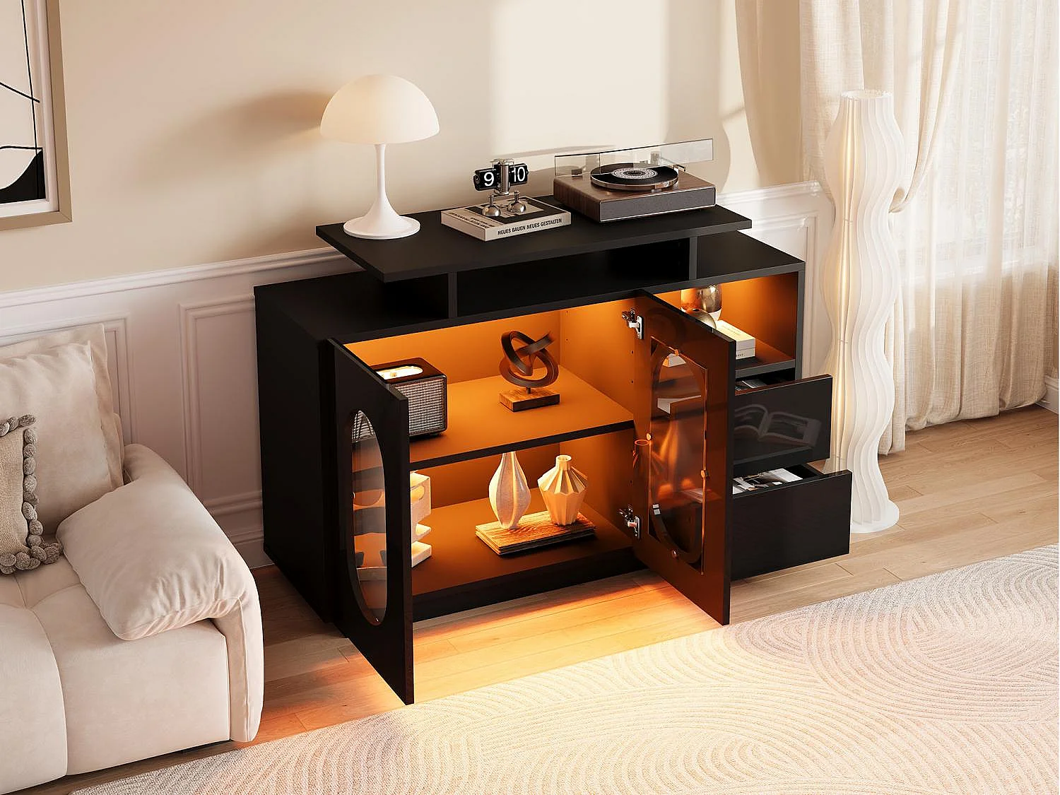 Buffet à LED Moderne - 120x40x80 cm - Noir Brillant avec Portes en Verre - Éclairage Intégré - Rangement Modulable - Multifonction (Salon, Salle à Manger, Entrée)