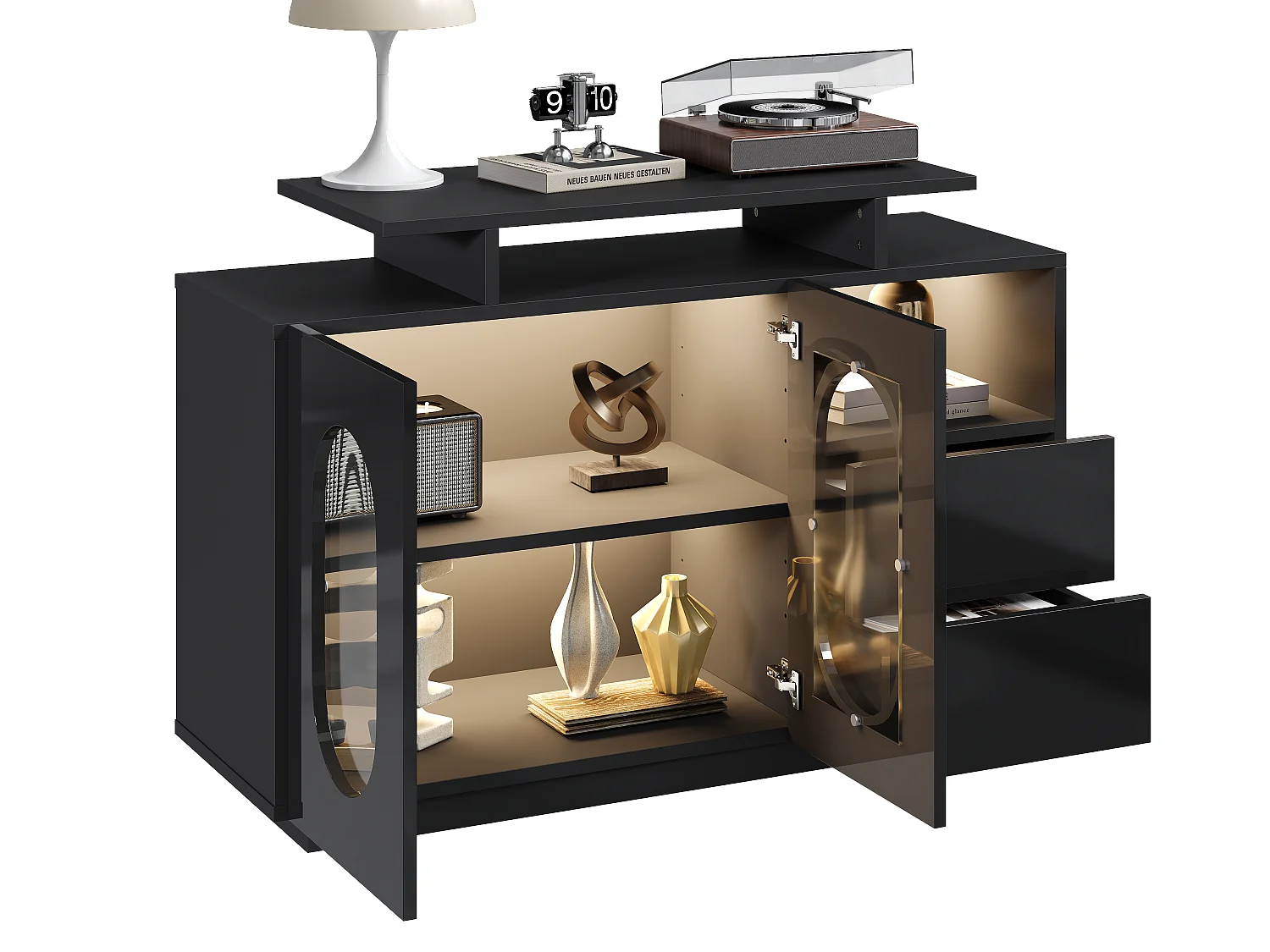 Buffet à LED Moderne - 120x40x80 cm - Noir Brillant avec Portes en Verre - Éclairage Intégré - Rangement Modulable - Multifonction (Salon, Salle à Manger, Entrée)