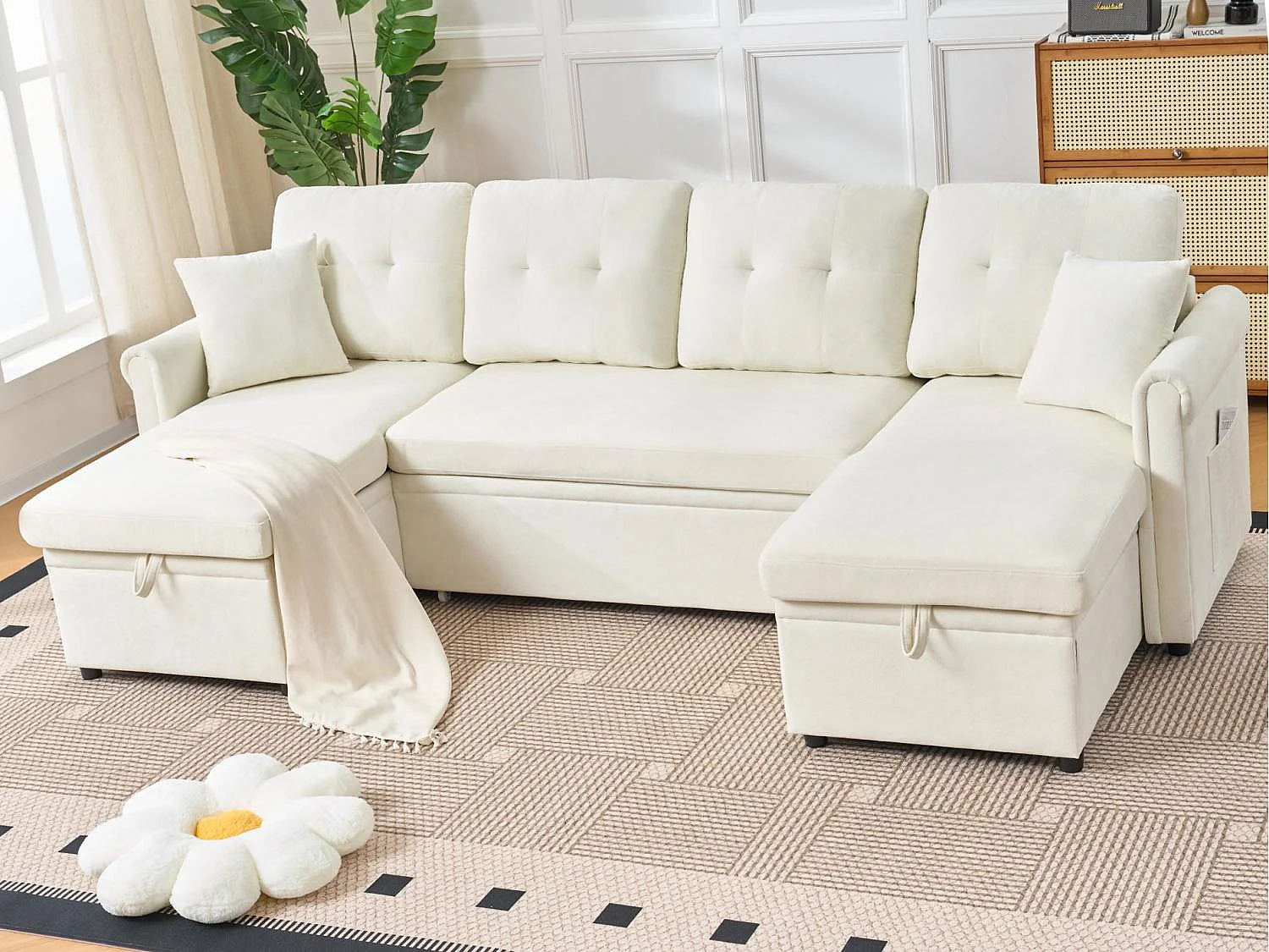 Délice - Canapé en U Convertible 4 Places - Chenille avec Coffre de Rangement et Roulettes - Grand Modèle Idéal Salon & Espace Open
