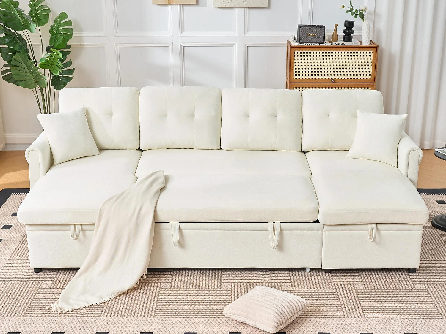 Délice - Canapé en U Convertible 4 Places - Chenille avec Coffre de Rangement et Roulettes - Grand Modèle Idéal Salon & Espace Open