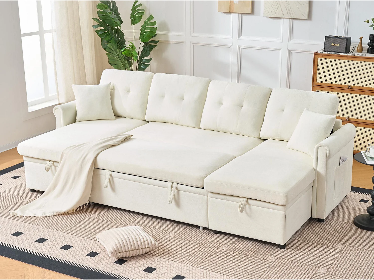 Canapé d'angle convertible 4 places avec coffre en tissu beige
