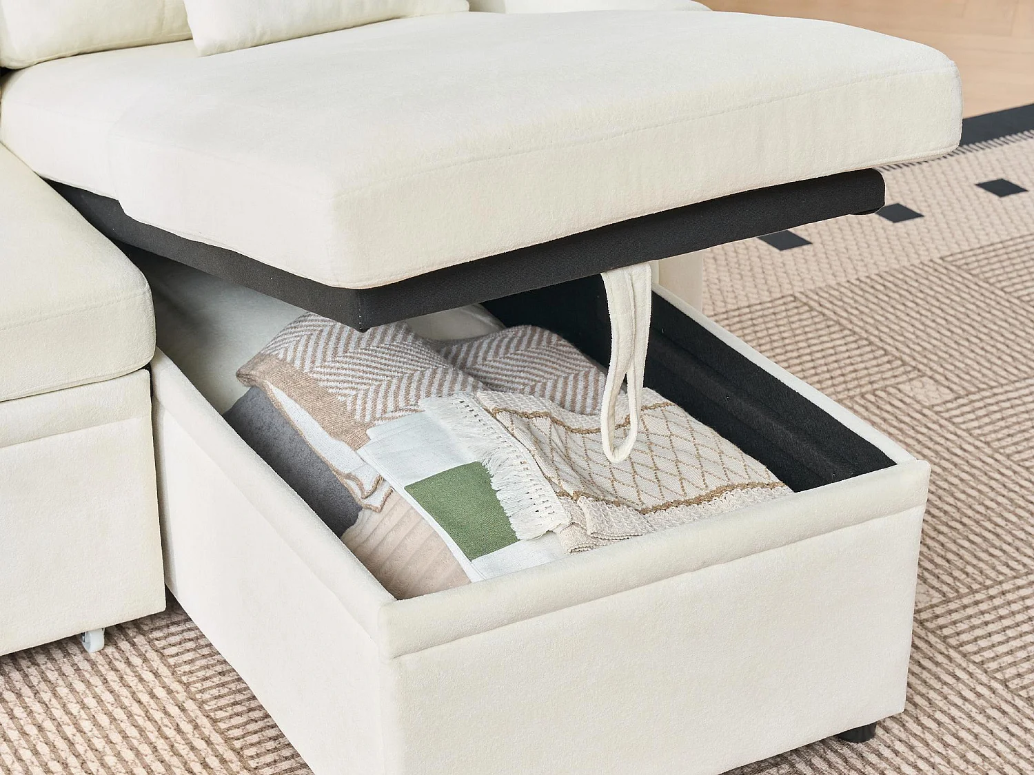 Canapé d'angle convertible 4 places avec coffre en tissu beige
