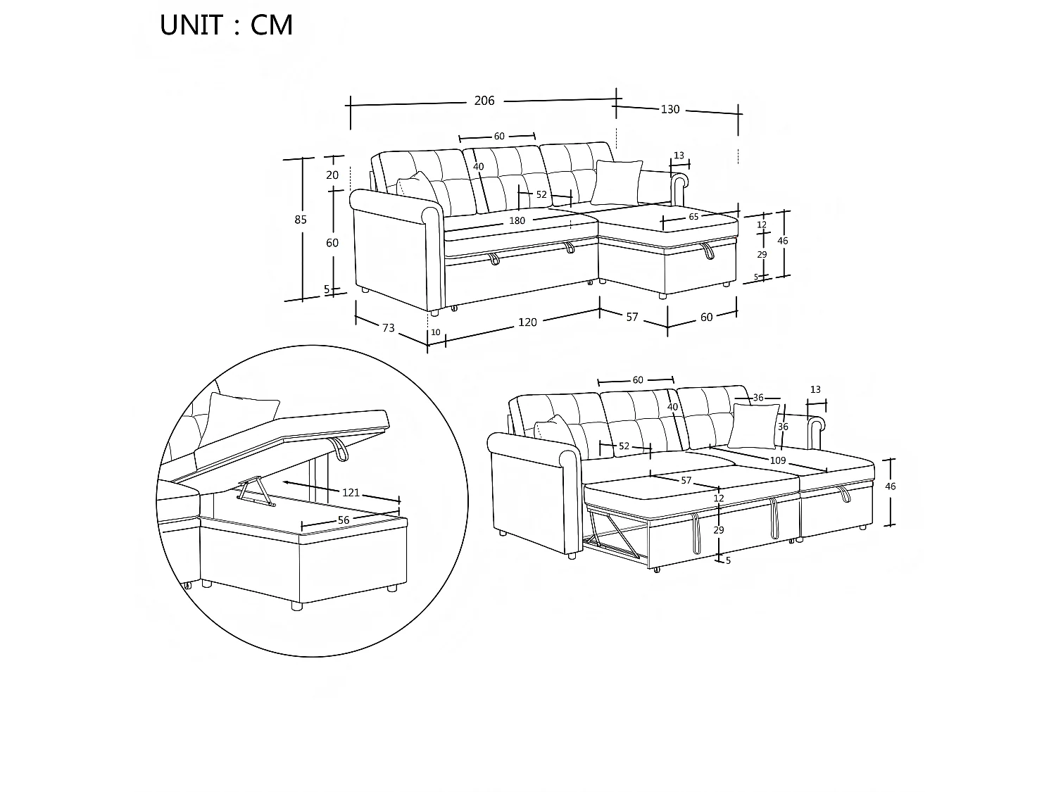 Canapé d'angle convertible 4 places avec coffre en tissu beige