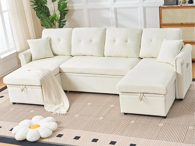 Délice - Canapé en U Convertible 4 Places - Chenille avec Coffre de Rangement et Roulettes - Grand Modèle Idéal Salon & Espace Open