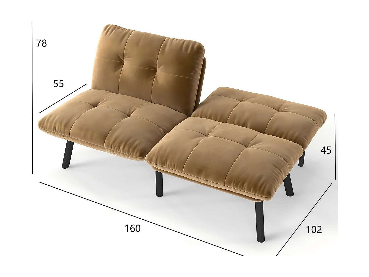 Canapé Convertible - Canapé 2 Places - Canapé Clic-Clac - 160 cm (Lit 160x102 cm) - Velours - Pour Salon, Bureau ou Chambre d‘ami