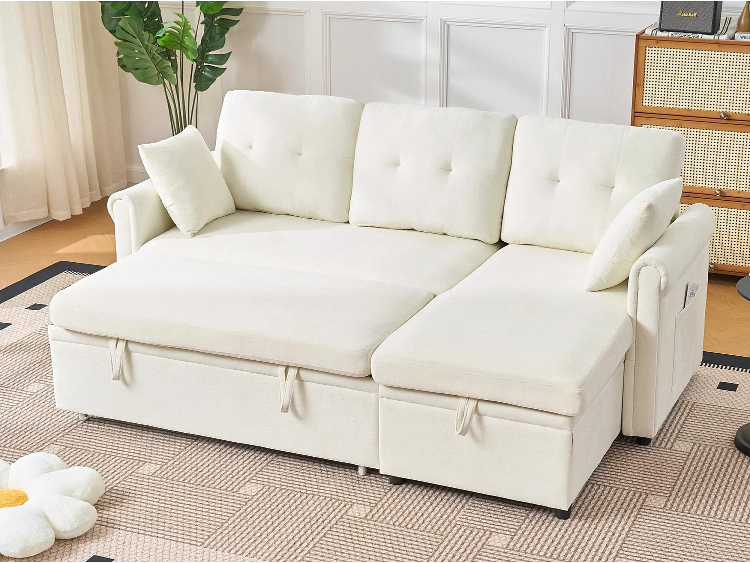 Canapé d'angle convertible 3 places avec coffre en tissu beige
