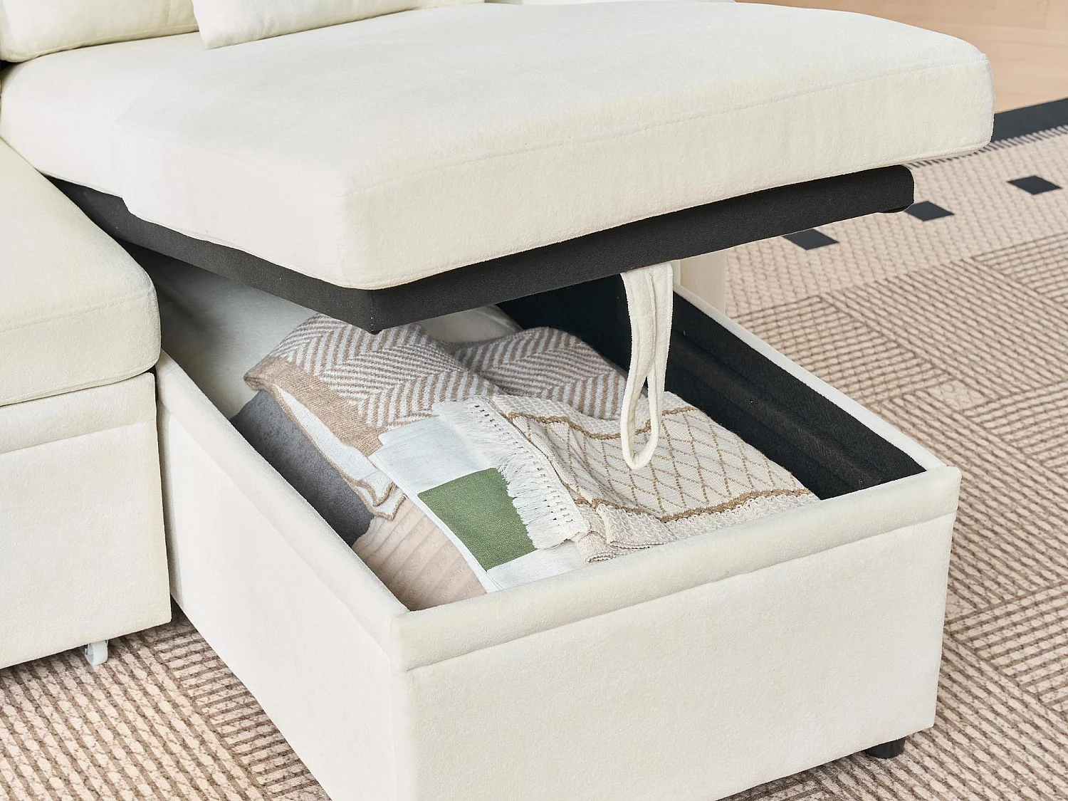 Canapé d'angle convertible 3 places avec coffre en tissu beige