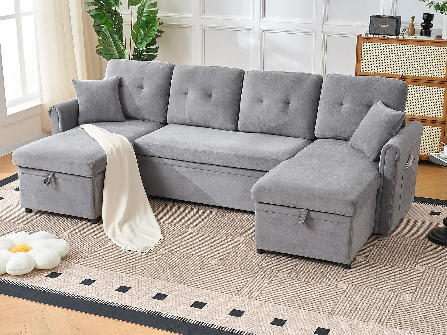 Délice - Canapé en U Convertible 4 Places - Chenille avec Coffre de Rangement et Roulettes - Grand Modèle Idéal Salon & Espace Open