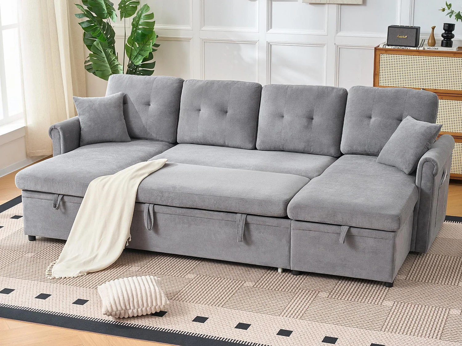 Canapé d'angle convertible 4 places avec coffre en tissu gris DÉLICE