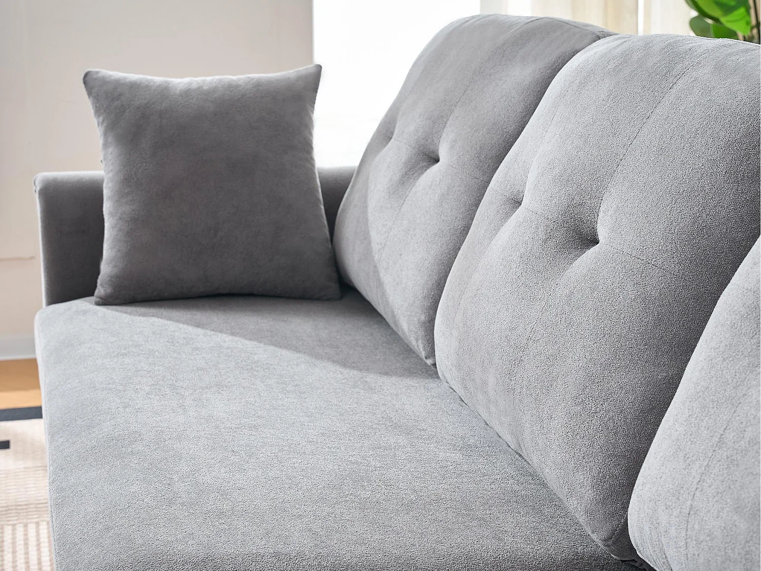 Canapé d'angle convertible 4 places avec coffre en tissu gris DÉLICE