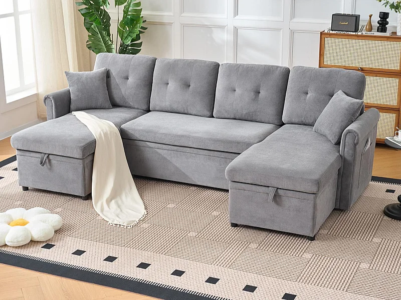Délice - Canapé en U Convertible 4 Places - Chenille avec Coffre de Rangement et Roulettes - Grand Modèle Idéal Salon & Espace Open