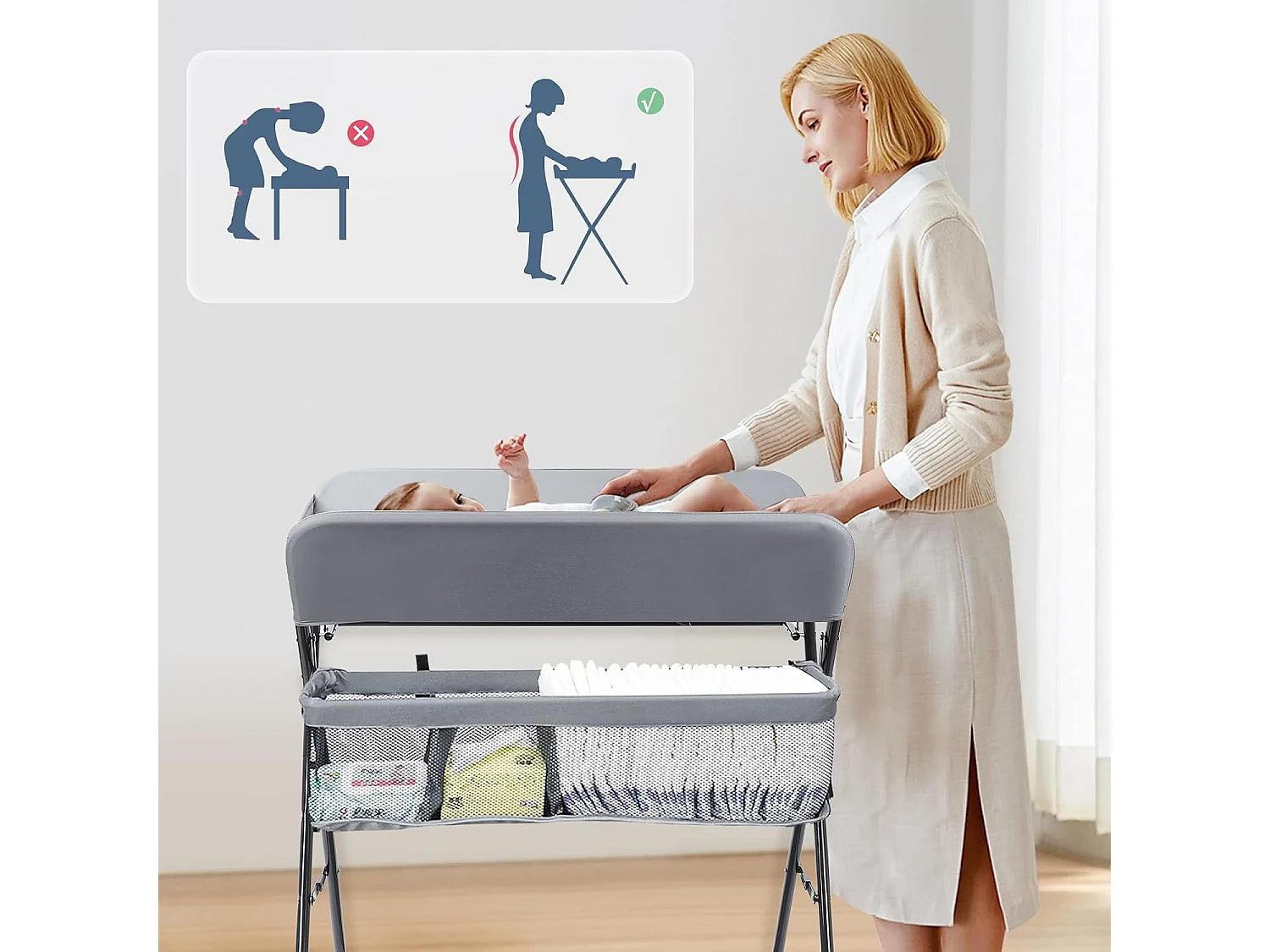 Wiegkledenbord voor baby's met badmat en opbergruimte, met afzonderlijke opbergszakken, opvouwbaar en ruimtebesparend