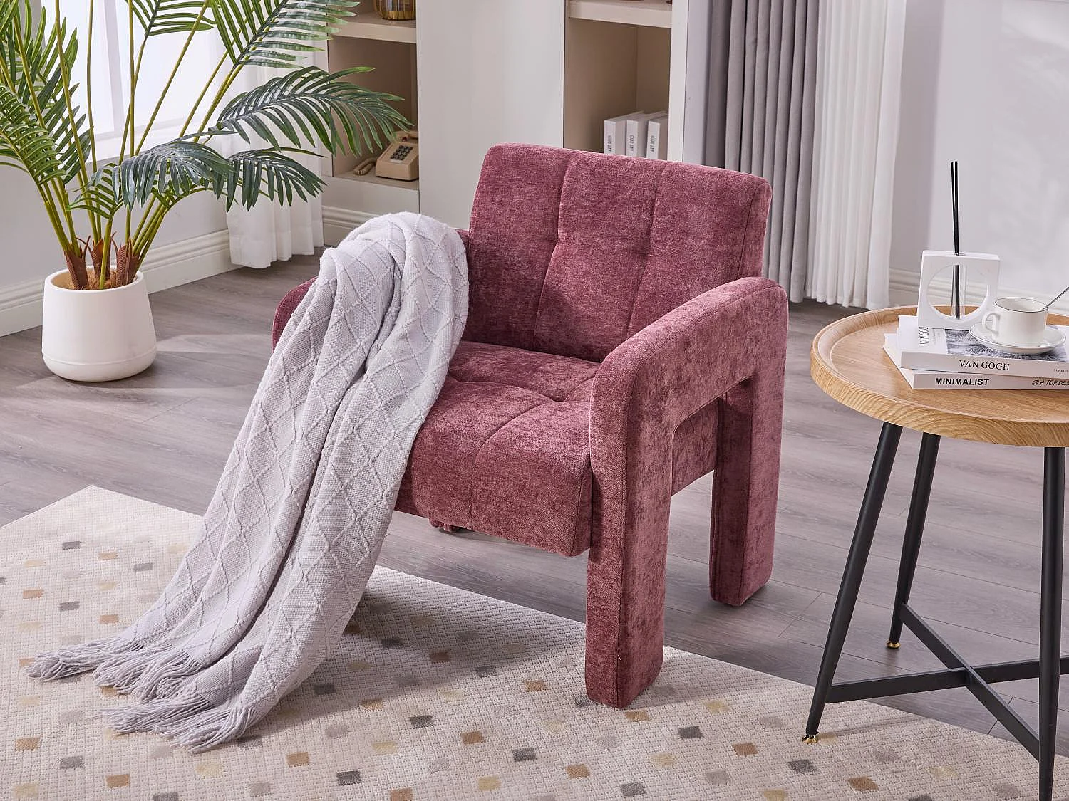 Moderne Chenille Fauteuil met Ruitmotief – Ergonomische Armleuningen, 230 kg Draagvermogen, Afgeronde Hoeken – Voor Woonkamer, Slaapkamer, Kantoor