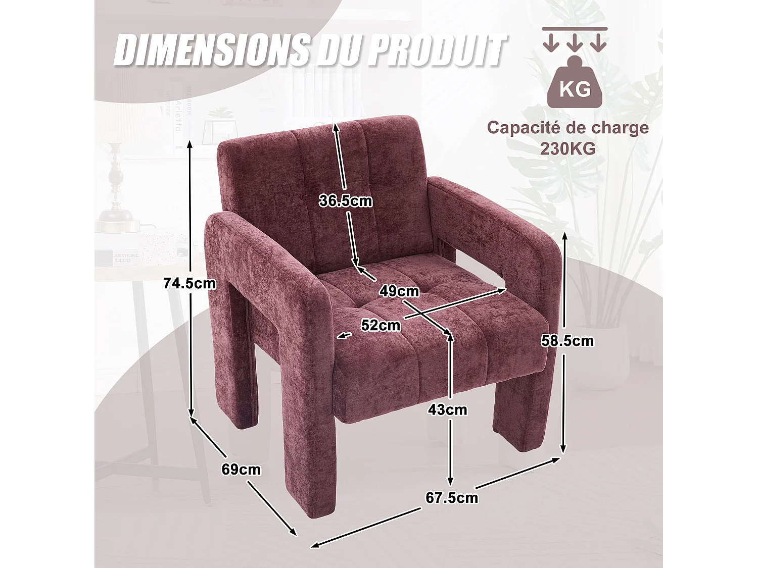 Fauteuil Relax Moderne en Chenille à Motif Carreaux - Accoudoirs Ergonomiques, Support 230 kg, Coins Arrondis - Pour Salon, Chambre, Bureau